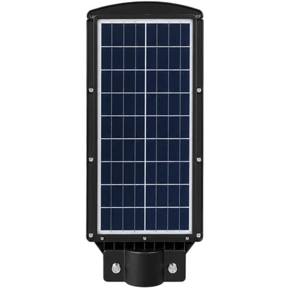 A vertical solar-powered street light fixture with a large dark blue solar panel on a black housing, shown against a plain white background.