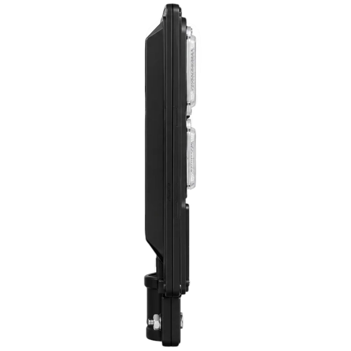 A slim black solar panel or solar energy device shown in a side profile view against a plain white background.