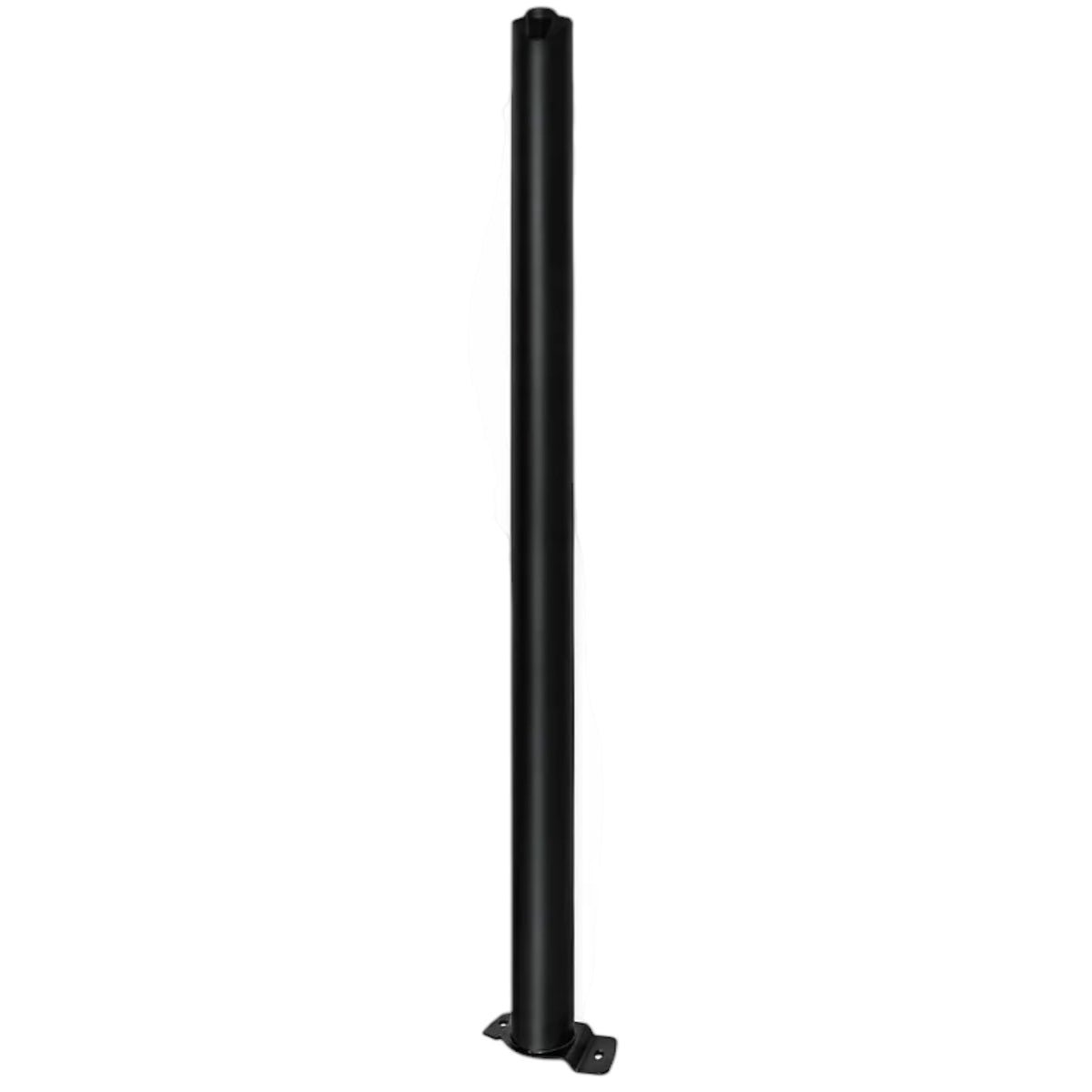 A single black metal pole with a flat mounting bracket at the bottom, shown vertically against a plain white background.