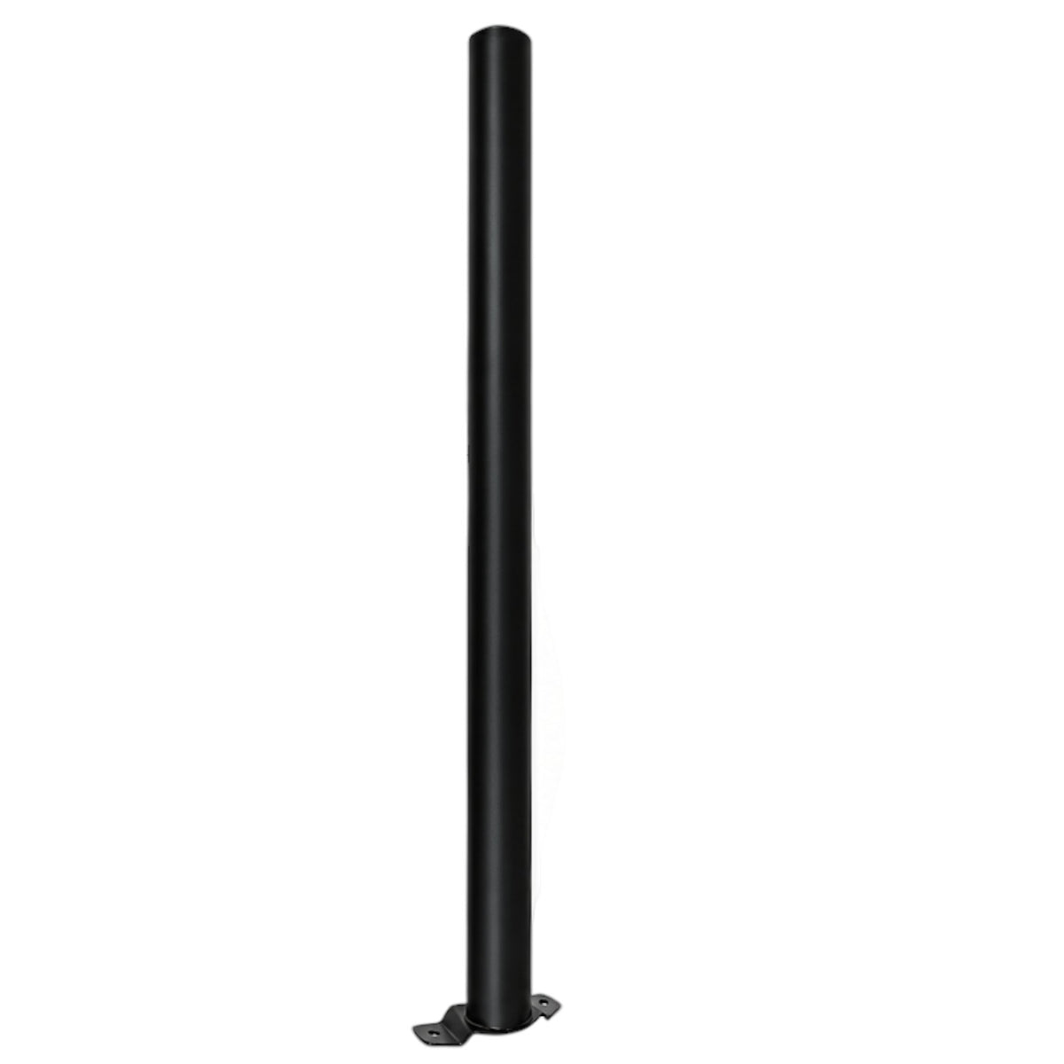 A single black metal pole with a flat mounting bracket at the bottom, shown vertically against a plain white background.