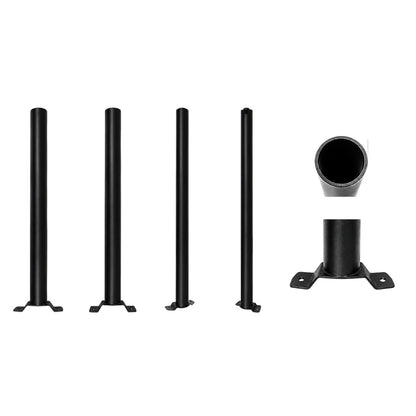 Four black metal support posts with flat base plates, shown alongside a close-up of a matching cylindrical post section with a mounting plate, on a plain white background.