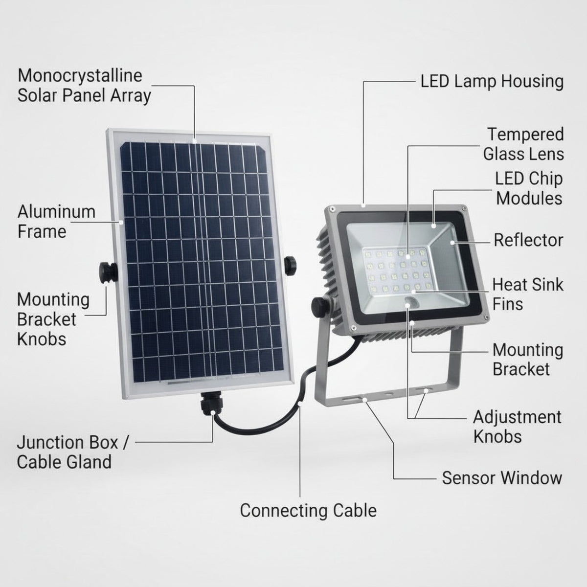 A labeled product diagram showing a solar-powered LED floodlight with a monocrystalline solar panel array, aluminum frame, connecting cable, and multiple annotated parts such as LED lamp housing, tempered glass lens, reflector, and mounting brackets on a light gray background.