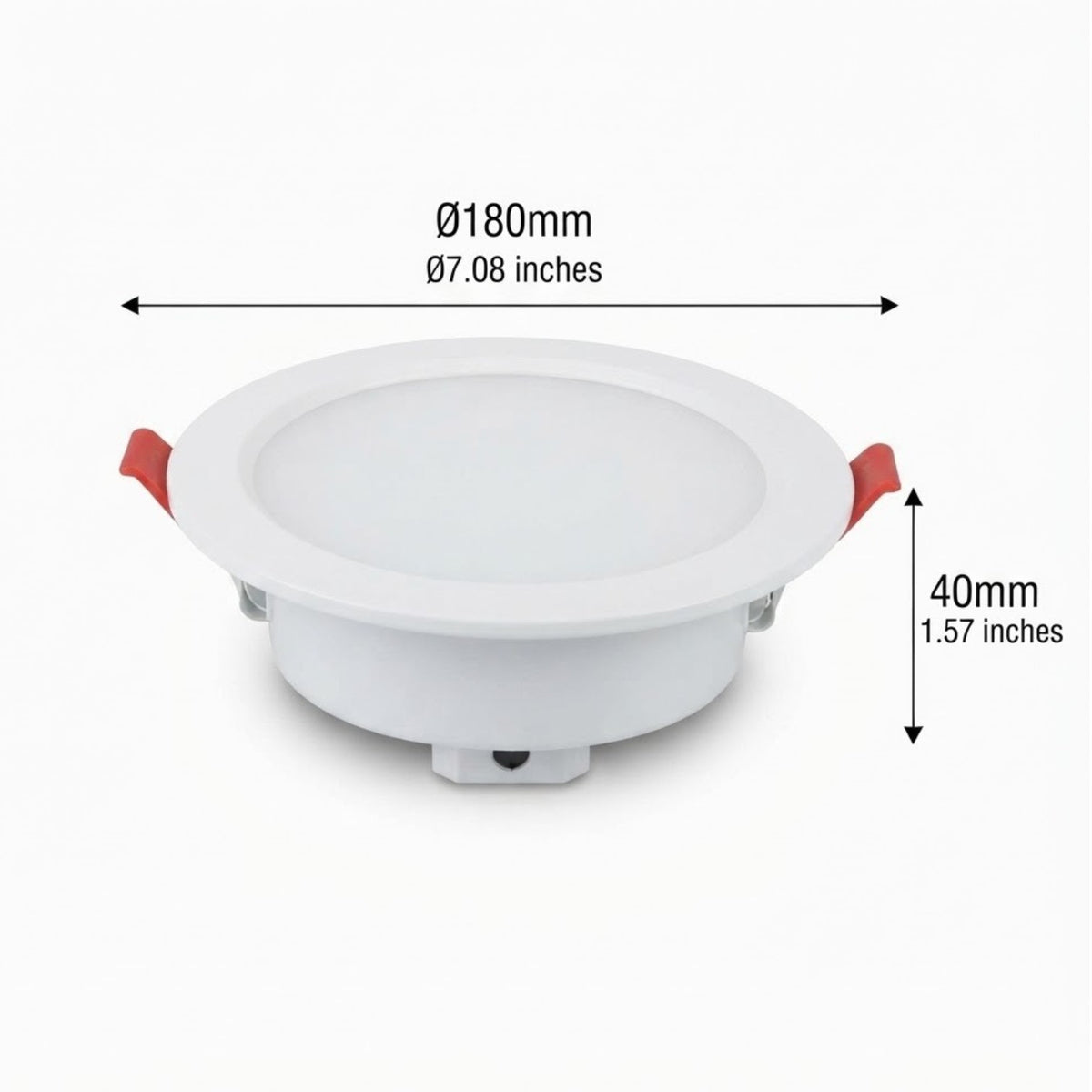 A white recessed LED downlight fixture with red side tabs, shown on a white background with dimension annotations indicating a diameter of 180mm (7.08 inches) and a height of 40mm (1.