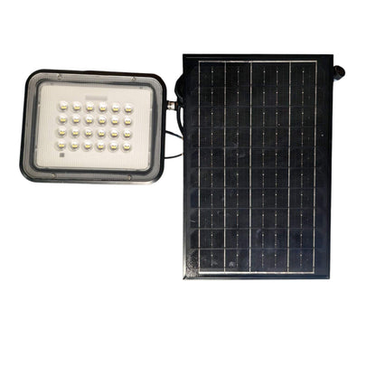 A rectangular solar-powered LED light fixture with a black frame and white diffuser, shown next to a black solar panel on a plain white background.