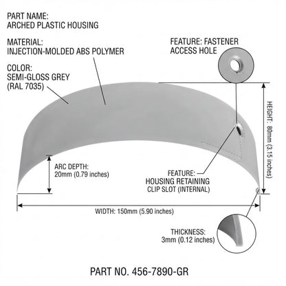 Technical dimension diagram of an arch-shaped plastic housing part, showing measurements for width, height, arc depth, and thickness, with labels for material, color, and features on a white background.