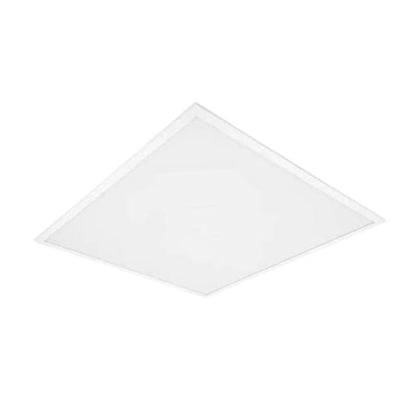 A square LED ceiling light panel with a white diffuser and a slim white frame, shown from an angled perspective against a solid white background.