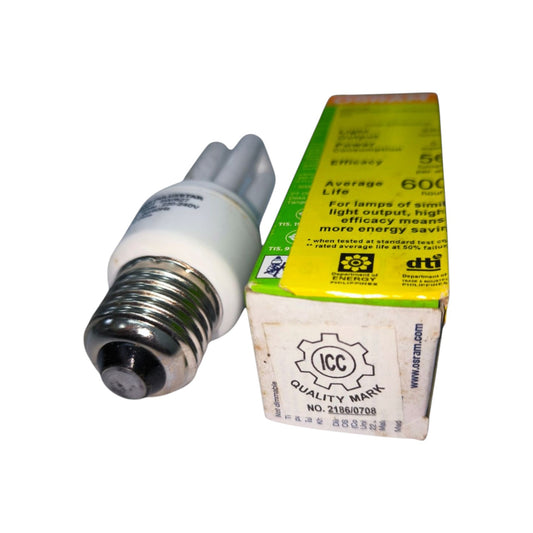 A compact fluorescent light bulb with a silver screw base and white glass tube, shown next to its green and yellow retail packaging box on a white background.