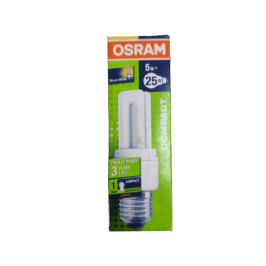 OSRAM 5W 25lm Compact CFL light bulb in its original green and orange retail packaging, shown against a plain white background.