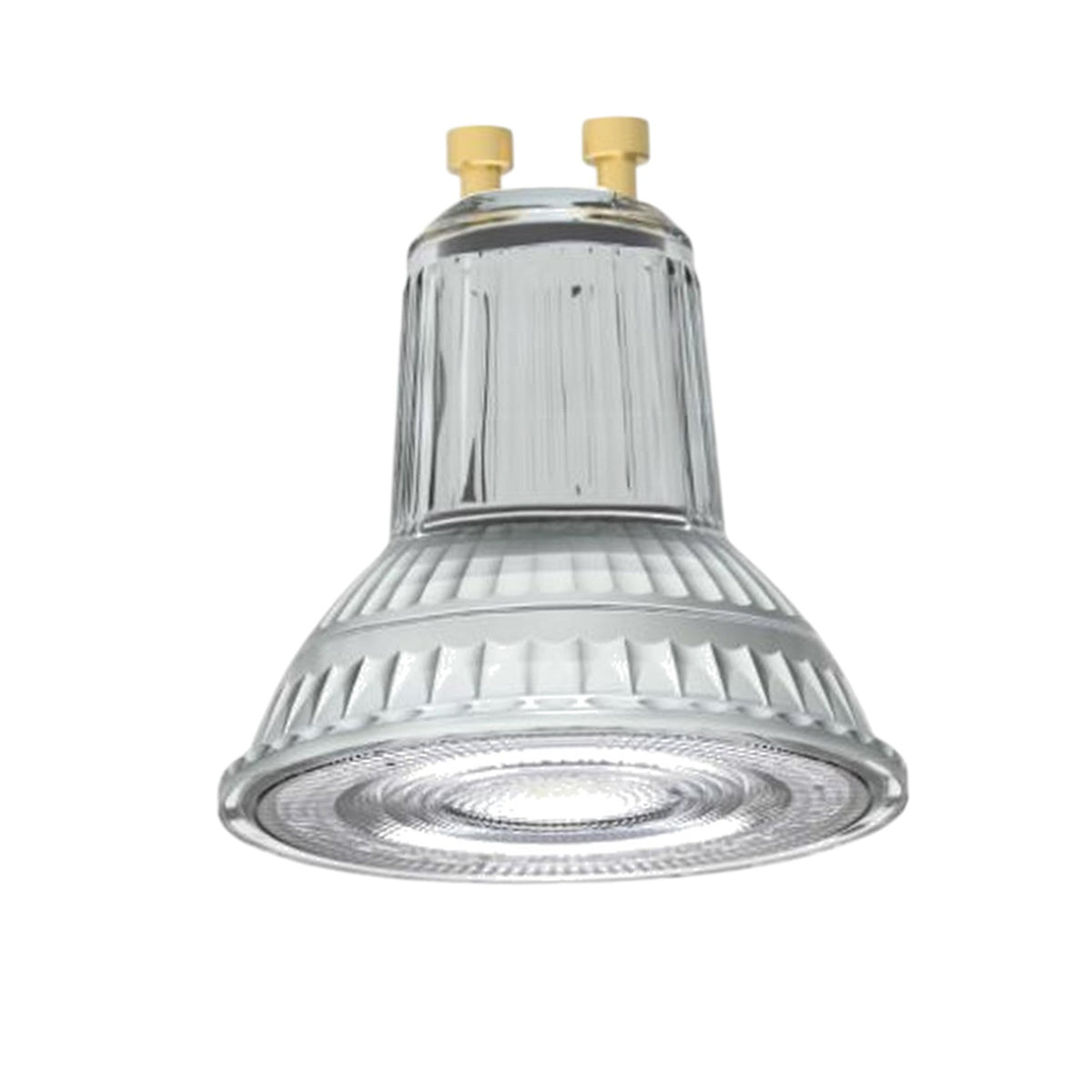A clear glass GU10 LED spotlight bulb with a ribbed reflective interior and two gold metal contact pins at the top, shown on a plain white background.