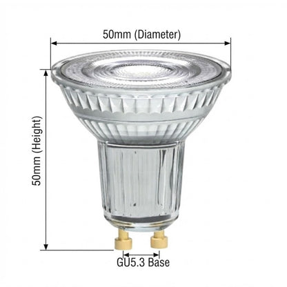 A clear glass GU5.3 LED spotlight bulb with dimension annotations showing a 50mm diameter and 50mm height, on a plain white background.