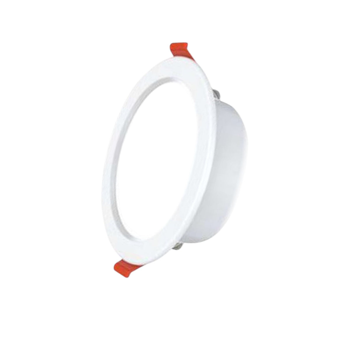 A white recessed light downlight with red plastic release tabs on a solid white background.