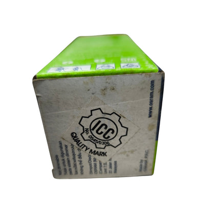 A cardboard box with a bright lime green top and a dirty off-white side panel featuring a black ICC Quality Mark logo and website text.