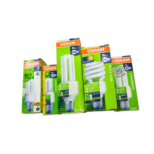 Four OSRAM compact fluorescent light bulbs in their retail packaging, arranged in a row against a plain white background.