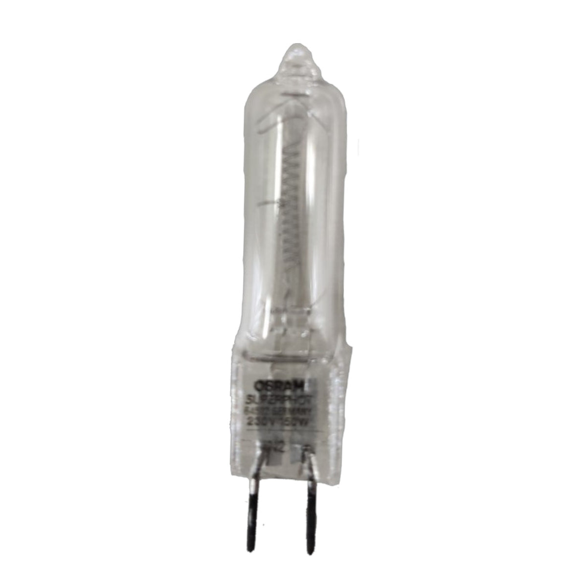 A clear glass G4 lamp with a white ceramic base and two metal pins, featuring printed text including 'OSRAM'.
