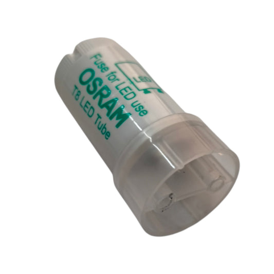 An OSRAM T8 LED tube fuse, made of clear plastic with green printed text and a small LED indicator diagram, shown on a plain white background.