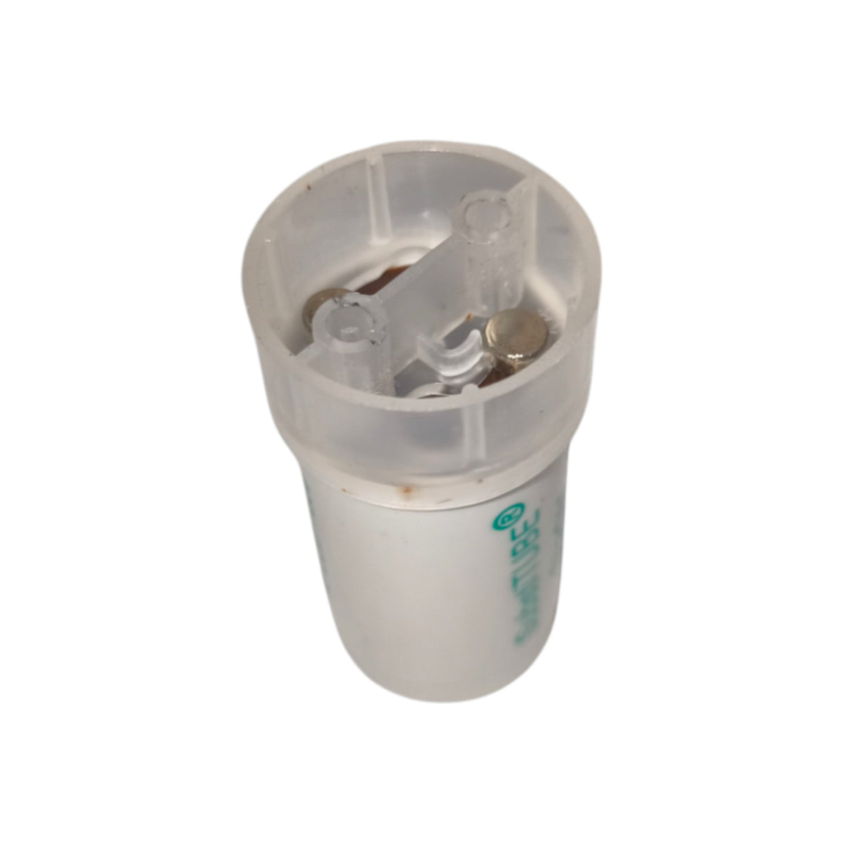 A white plastic cylindrical filter cartridge with a translucent clear cap, showing internal components and green printed text on the side, isolated on a white background.