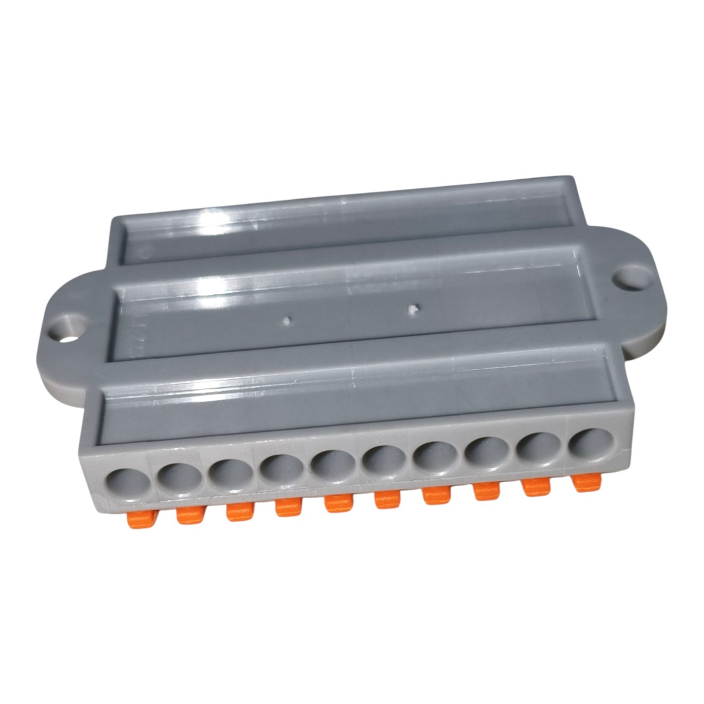 Gray plastic component with multiple holes and orange accents on a white background