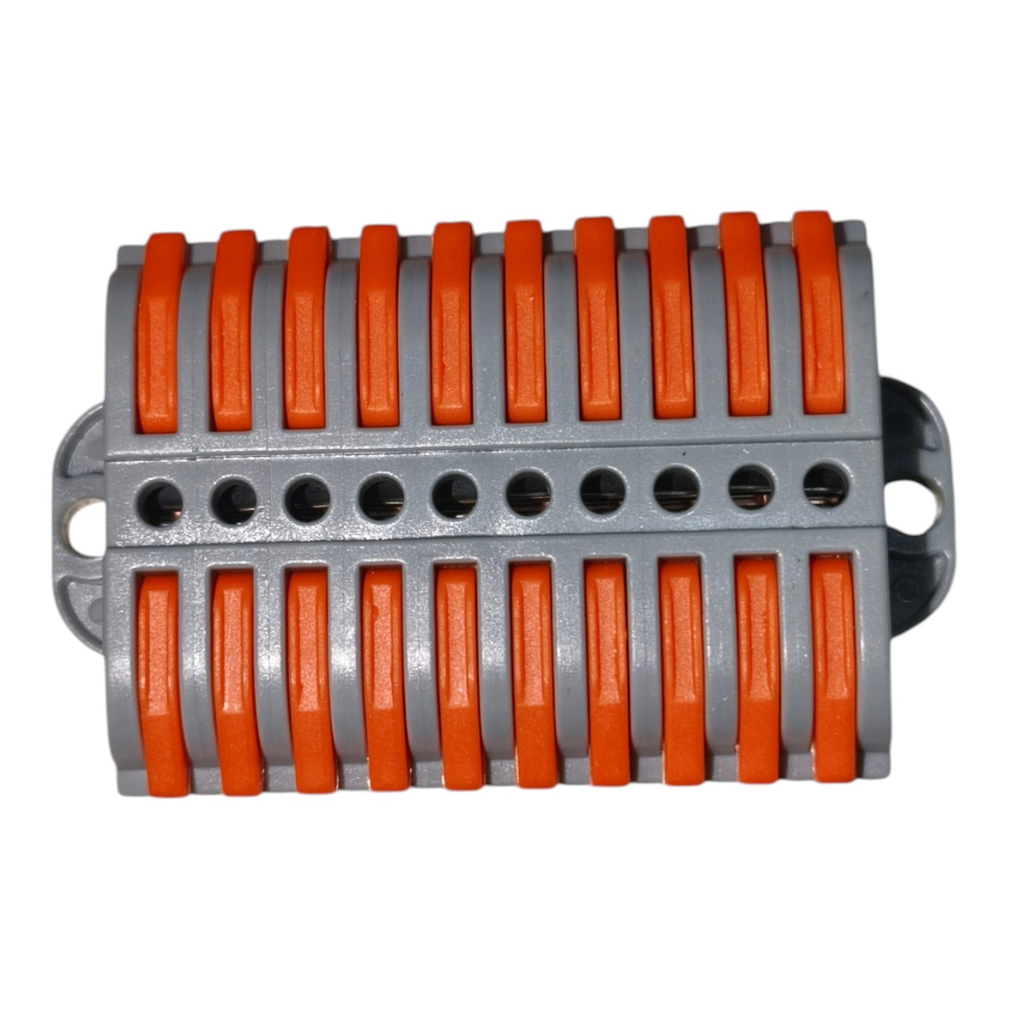 Metallic device with orange ribbed pattern on a white background