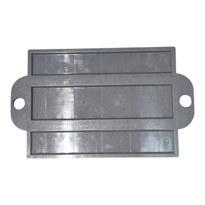 Metallic rectangular component with two holes on a white background