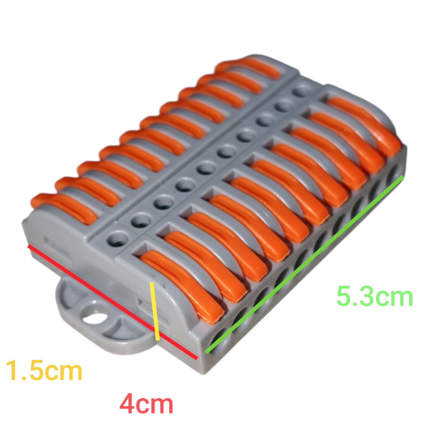 Gray and orange plastic component with measurements on a white background