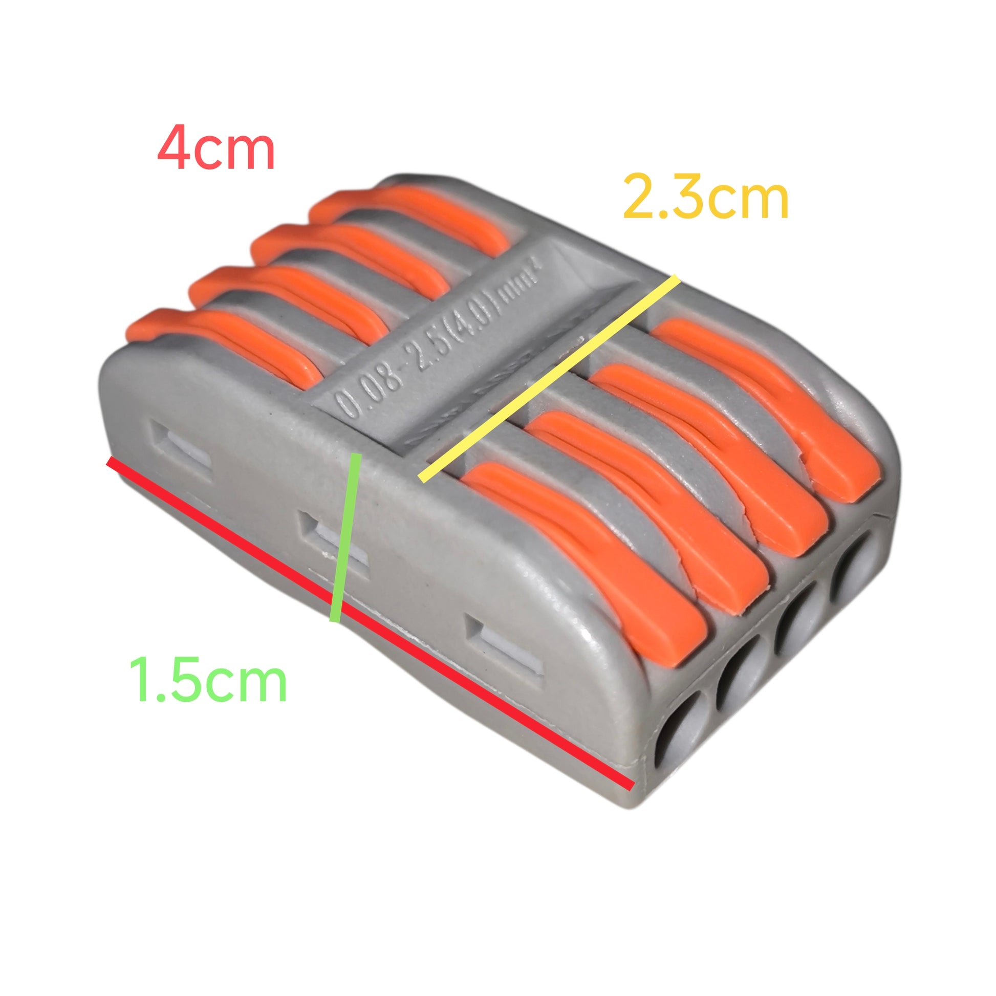 Gray and orange cable tie dispenser with measurements on a white background