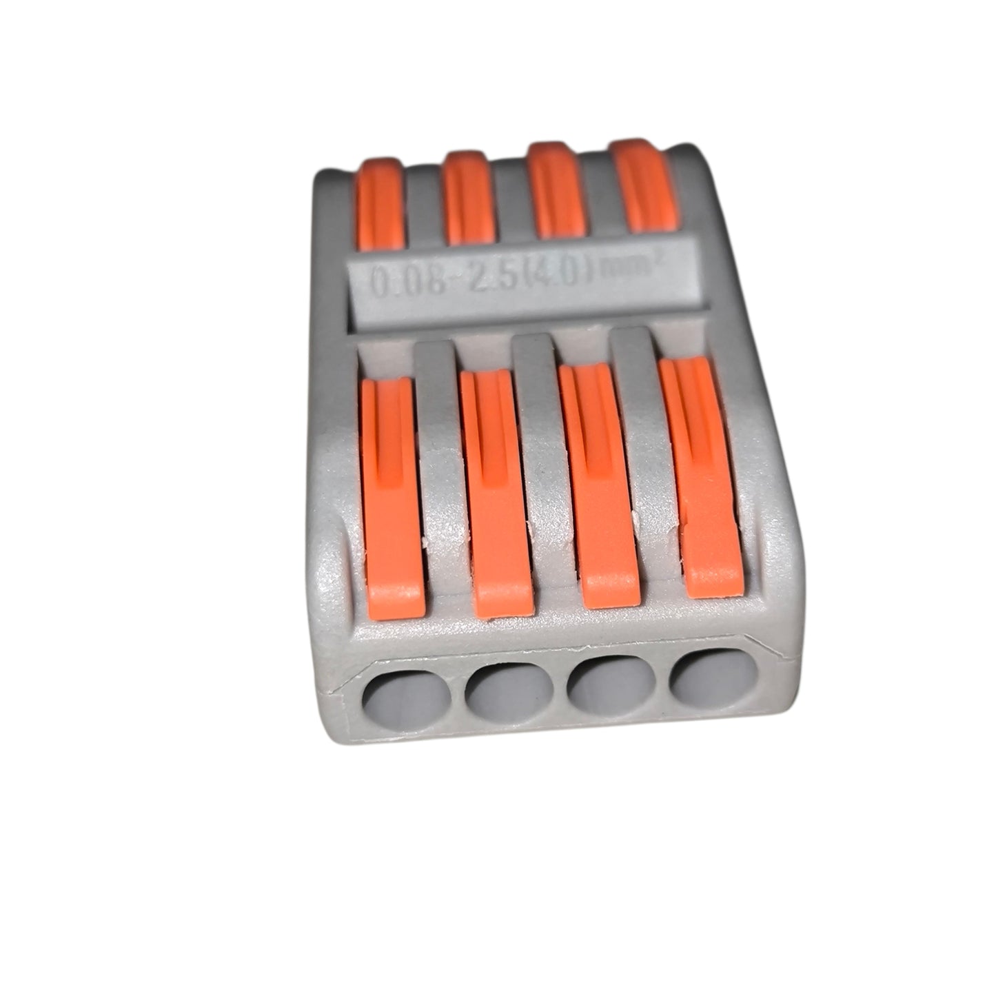 Gray electrical connector with orange slots on a white background