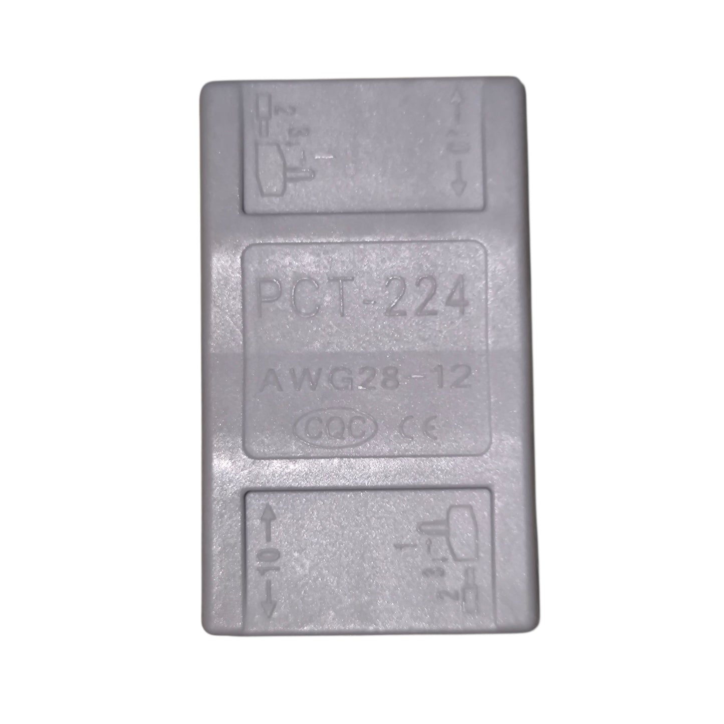 Metallic block with 'PCT-224' and 'AWG28-12' text on a white background
