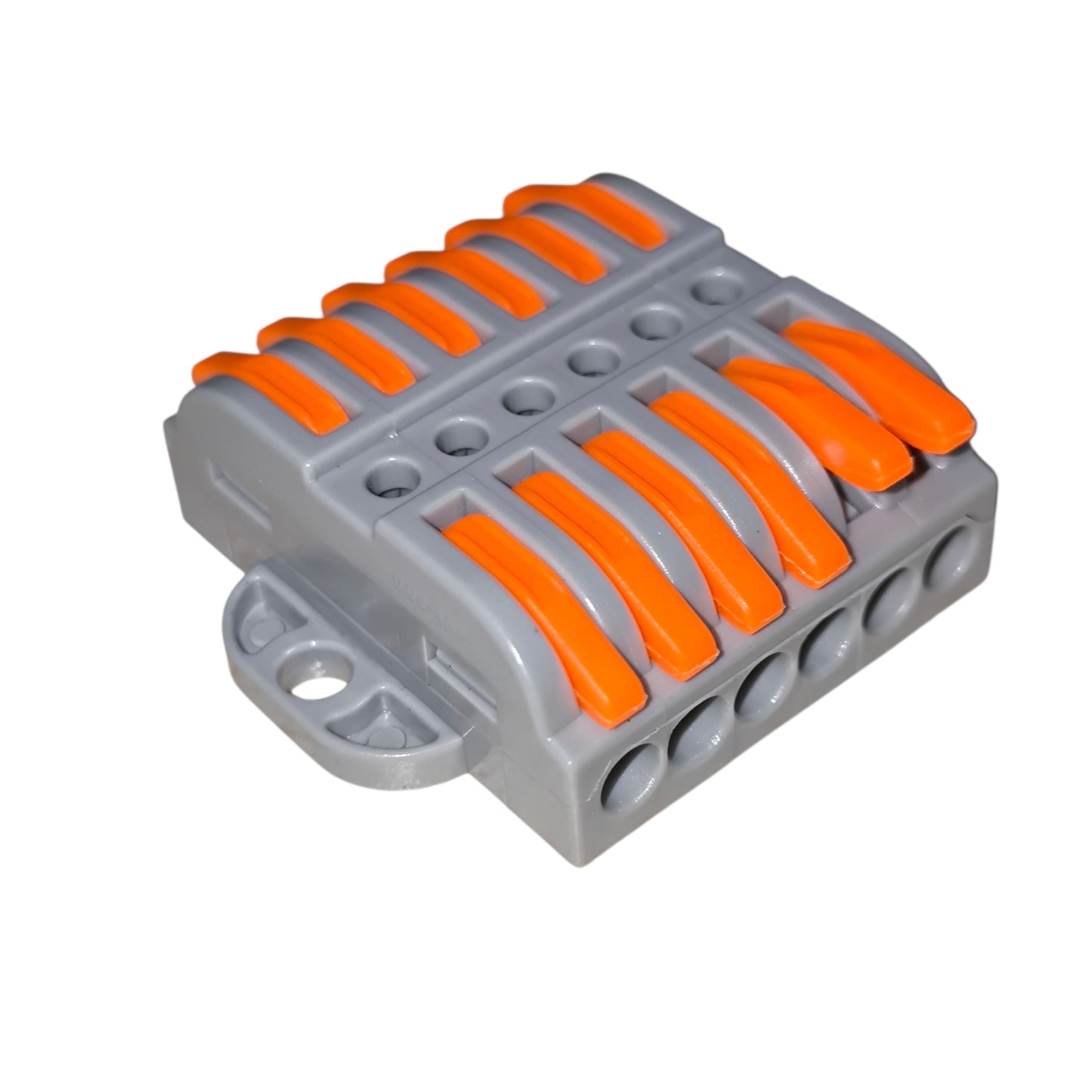 Gray and orange connector block on a white background