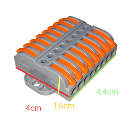 Gray and orange electrical connector with measurements on a white background