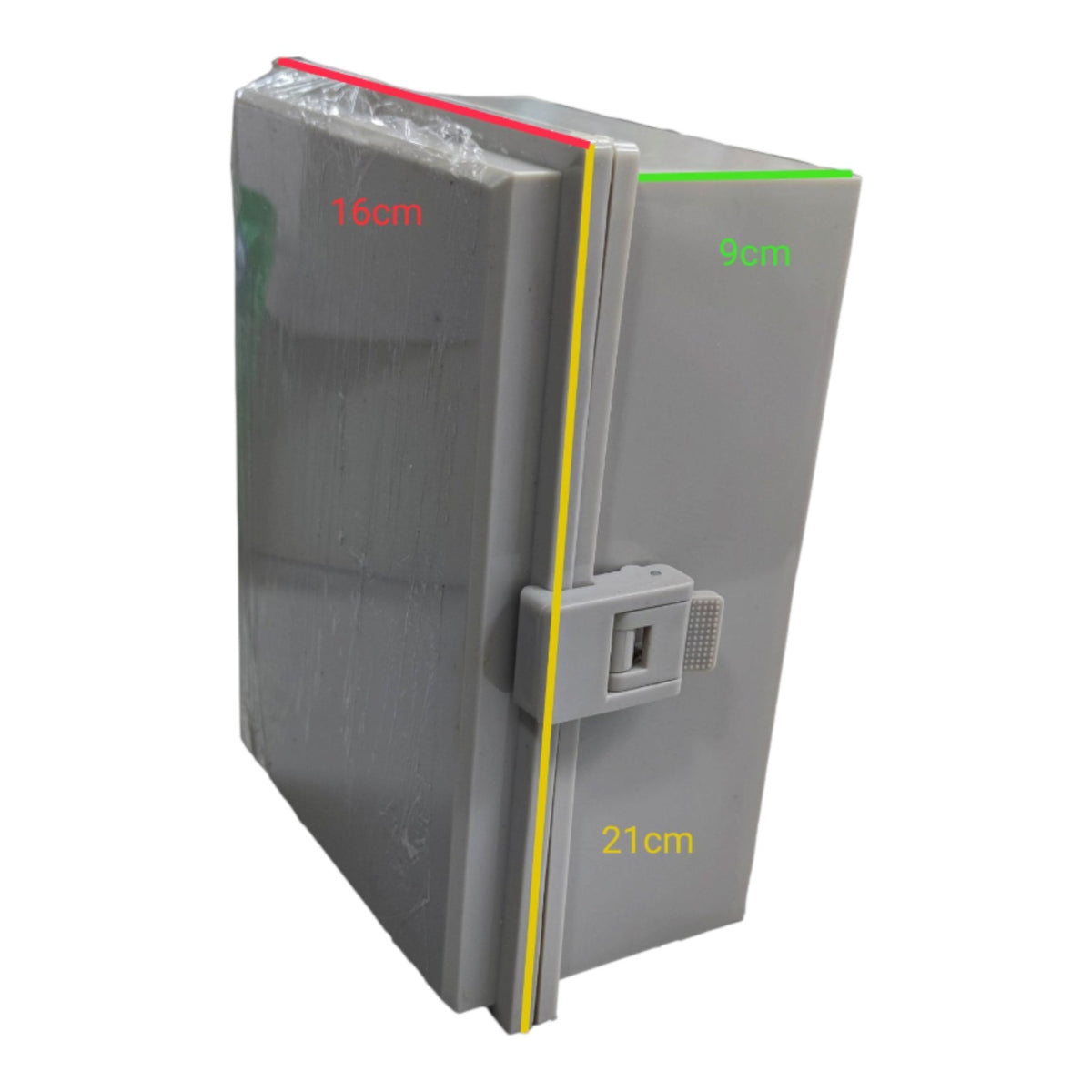 A gray metal safe or security box shown on a white background with overlaid dimension labels: 16cm in red, 9cm in green, and 21cm in yellow along the edges and handle area.