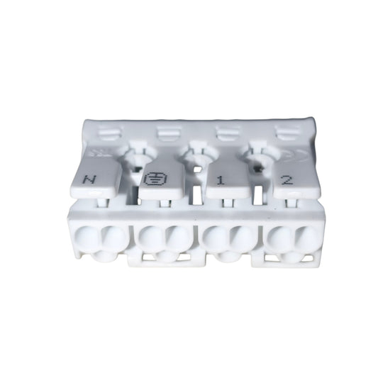 White plastic electrical connector with labeled terminals on a white background
