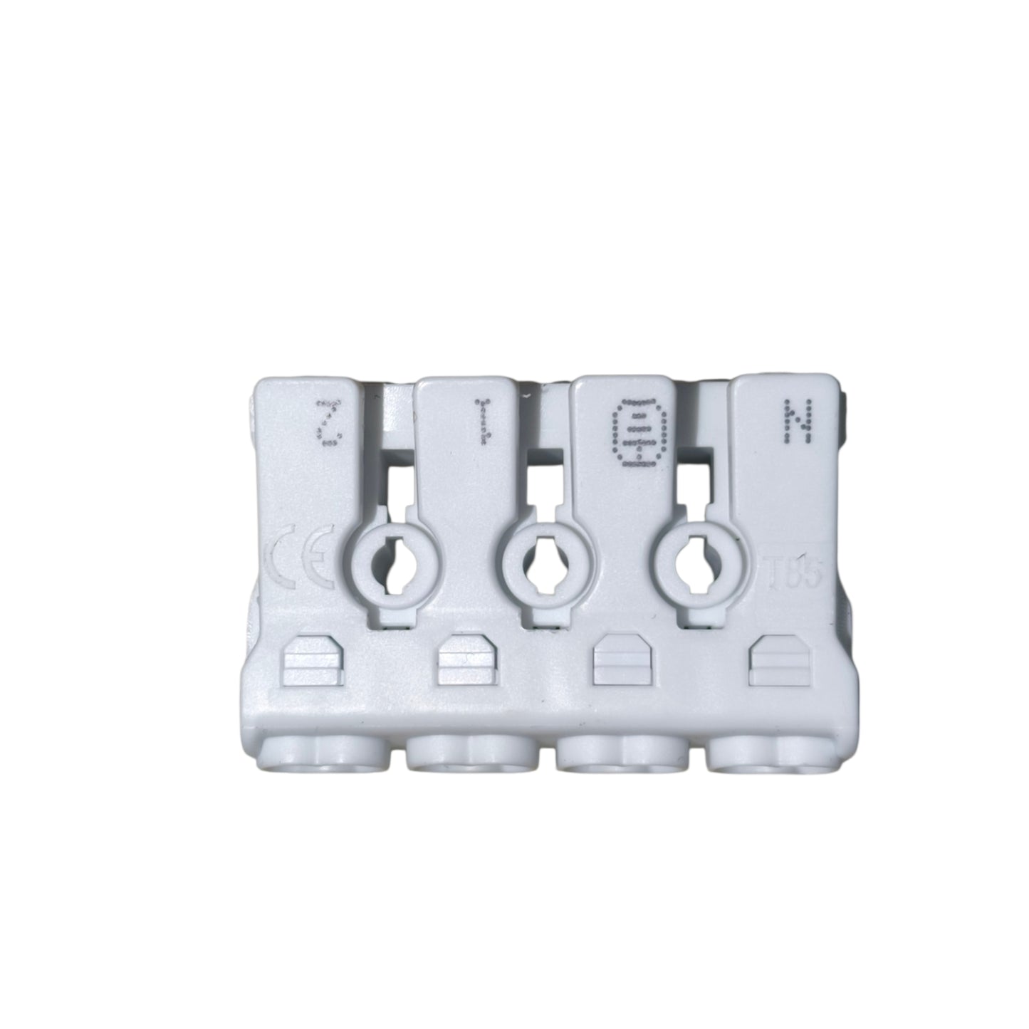 White plastic connector with multiple slots on a white background