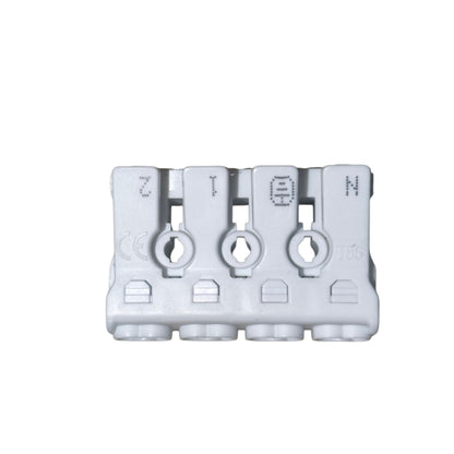 White plastic connector with multiple slots on a white background