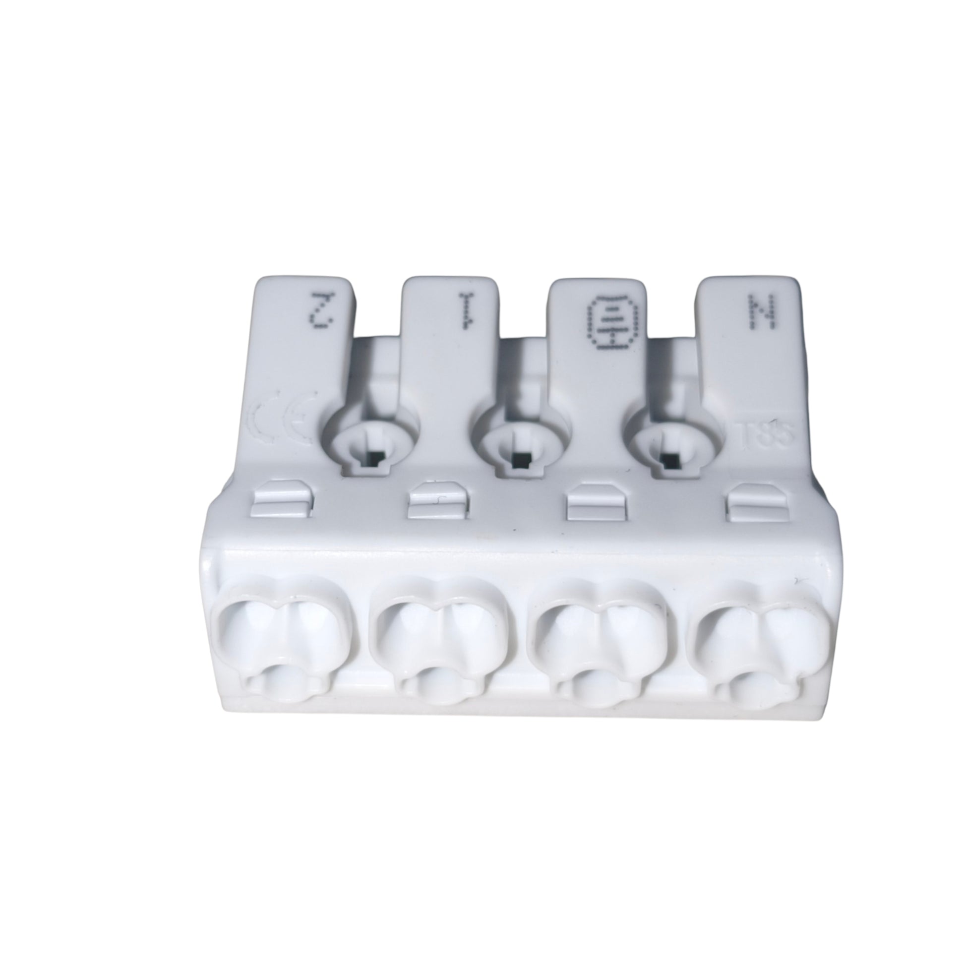 White electrical connector with labeled terminals on a white background