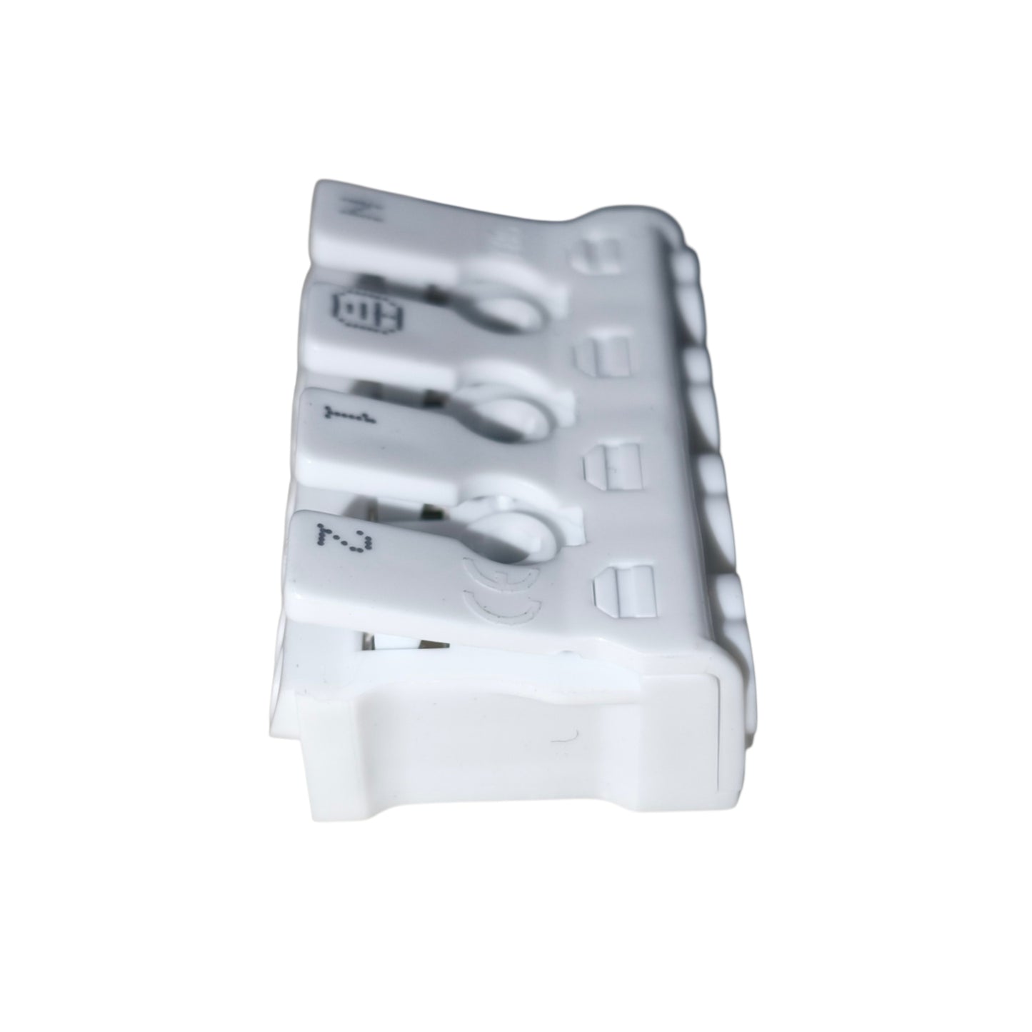 White plastic component with multiple cutouts on a white background