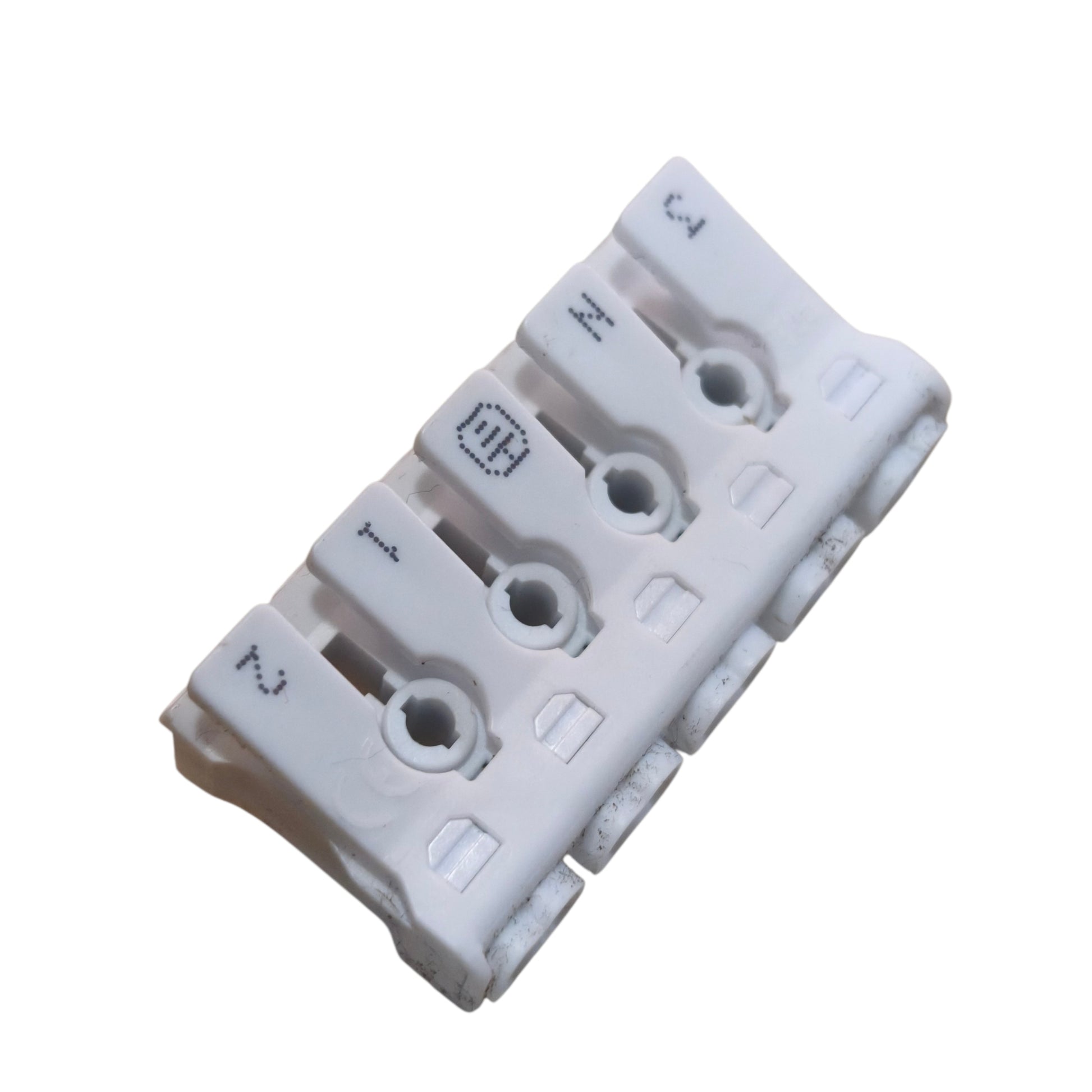 White plastic component with multiple holes on a white background