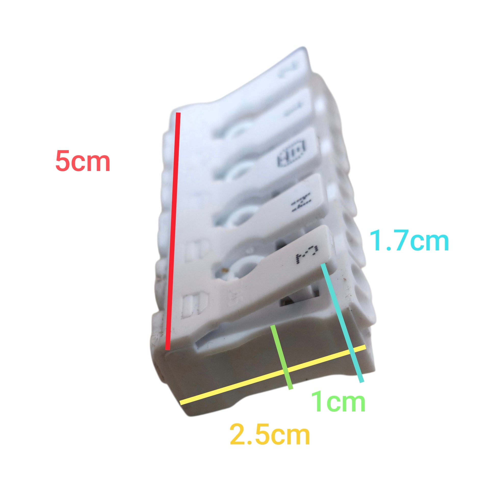 Stack of white plastic components with measurements indicated on a white background