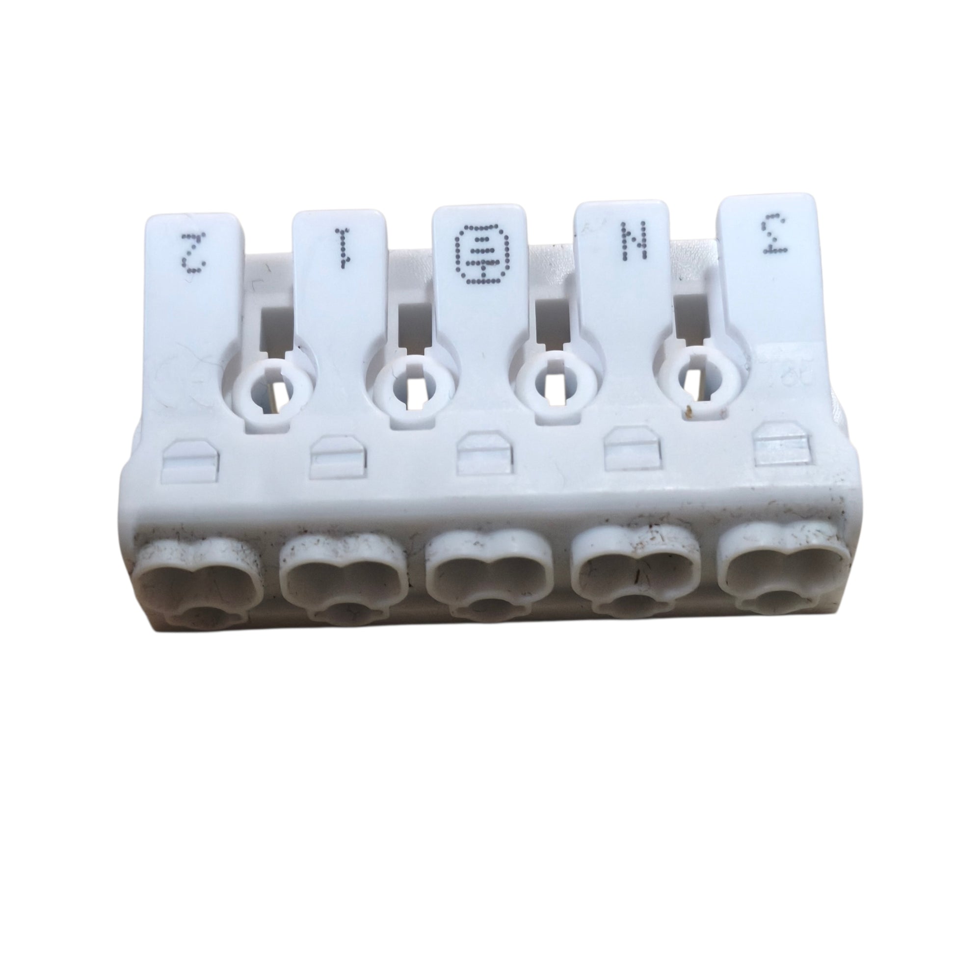 White electrical connector with numbered slots on a white background