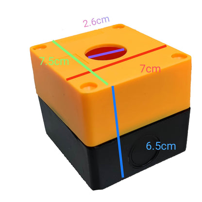 A small square plastic component with a bright orange top half and a black bottom half, shown on a white background with colored measurement lines and labels indicating dimensions 2.6cm, 7.