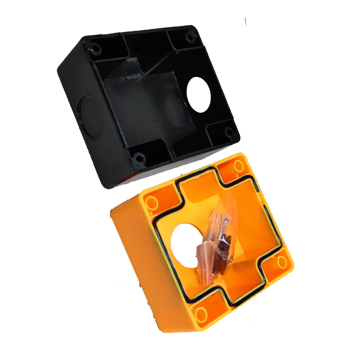 Two plastic electrical junction boxes shown on a white background: one black box at the top and one orange box at the bottom containing a metal screw and clear plastic cover.