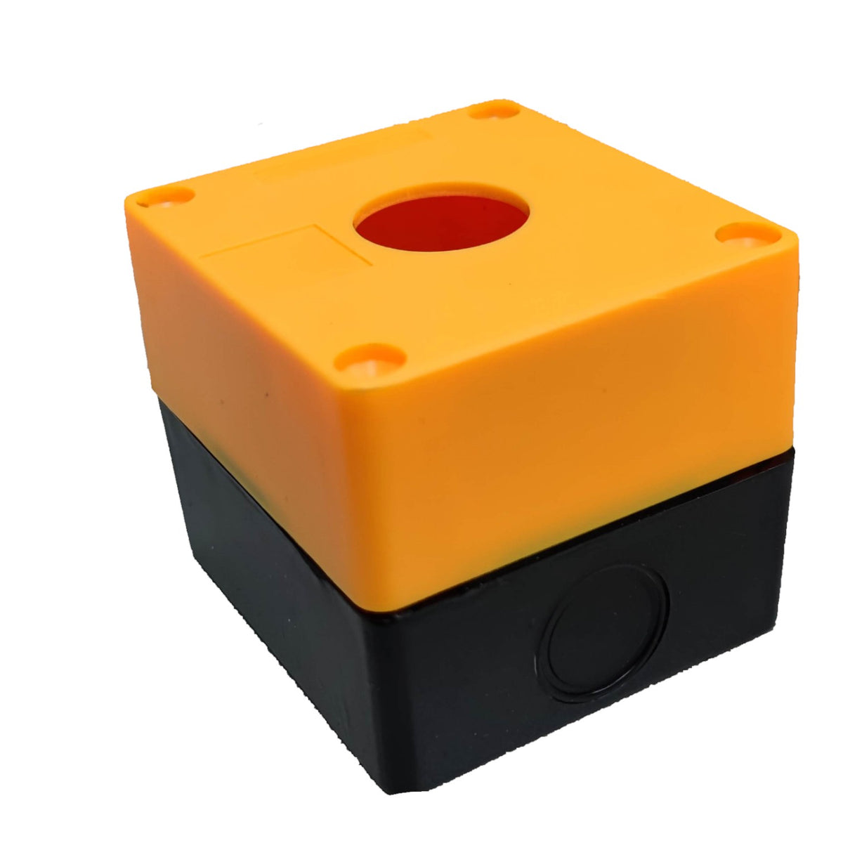 A two-tone plastic electrical junction box or socket cover with a bright orange top half and a black bottom half, shown on a plain white background.