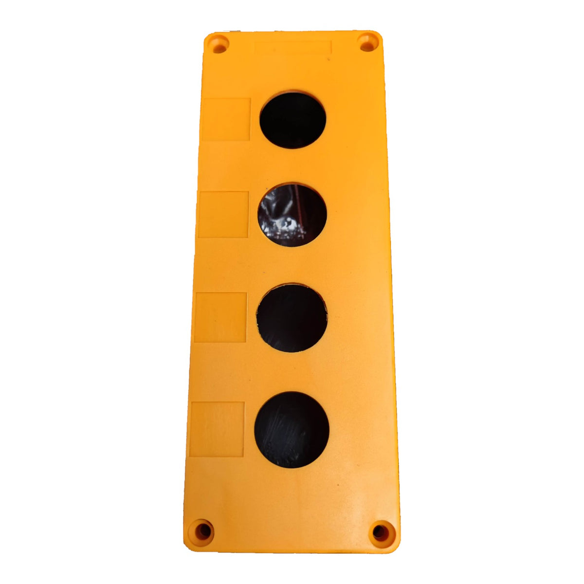 An orange plastic electrical junction box cover with four circular openings, shown against a plain white background.