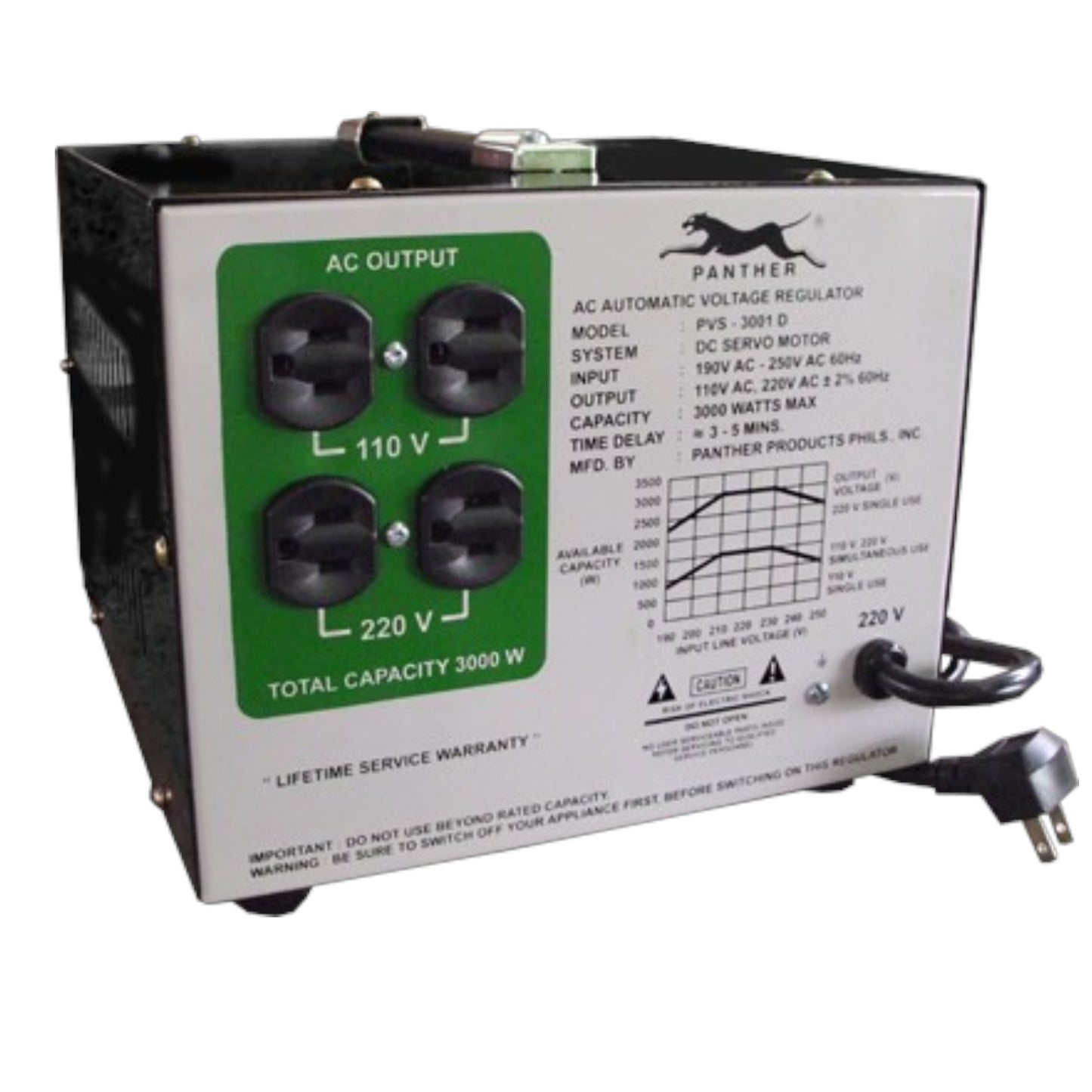Panther 3000W Servo Motor AVR PVS30001D Automatic Voltage Regulator Input: 160V AC – 240V AC Output (+/- 2%): 100V AC, 110V AC & 220V AC x 3