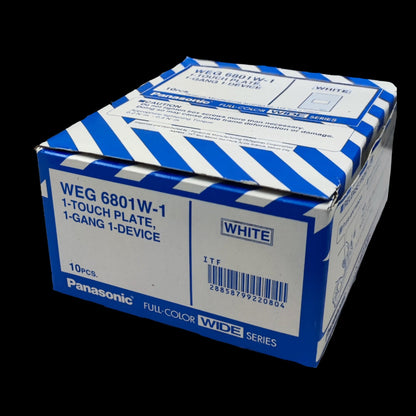Panasonic box of WEG 6801W-1 white 1 touch plate packaging showing 1 Gang Plate Wide Series 10PCS.