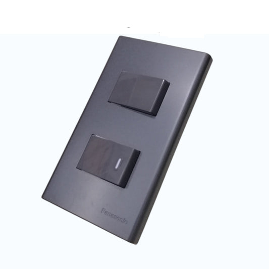 Panasonic 2-Gang Combination Switch 3 Way and 1 Way Switch Gray 16A 250V with Wide Color Refina Series Metallic Black Plate Cover WEG6802MB-1/WEG5001HK-5/WEG5002HK-5