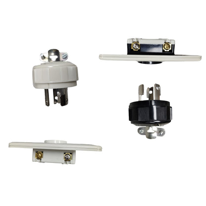 Four views of a small electrical outlet or socket component on a plain white background, including front, back, and side perspectives in white and black housings with metal terminals.