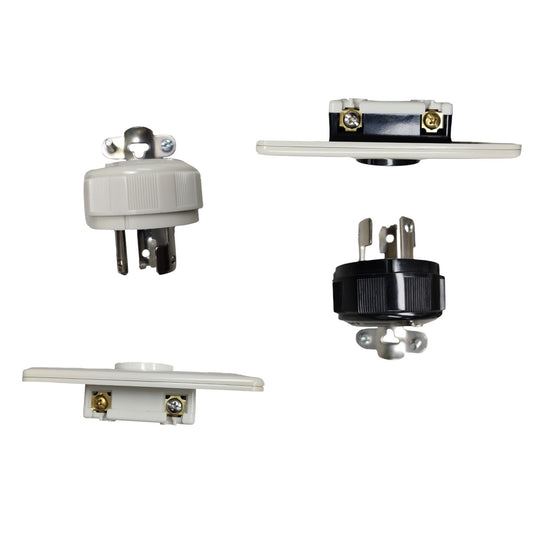 Four views of a small electrical outlet or socket component on a plain white background, including front, back, and side perspectives in white and black housings with metal terminals.