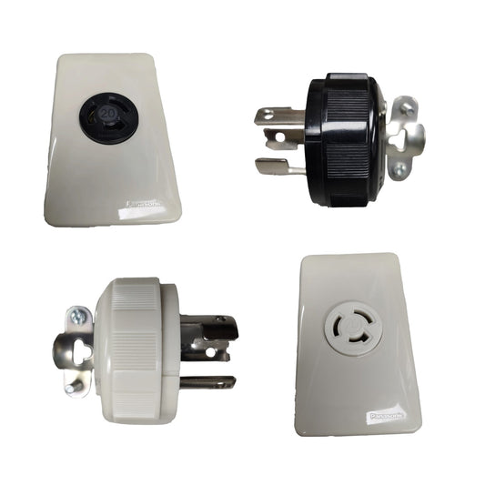 Four views of a 3-pin electrical outlet assembly, showing both the male and female plug configurations along with the front and back faceplates on a white background.