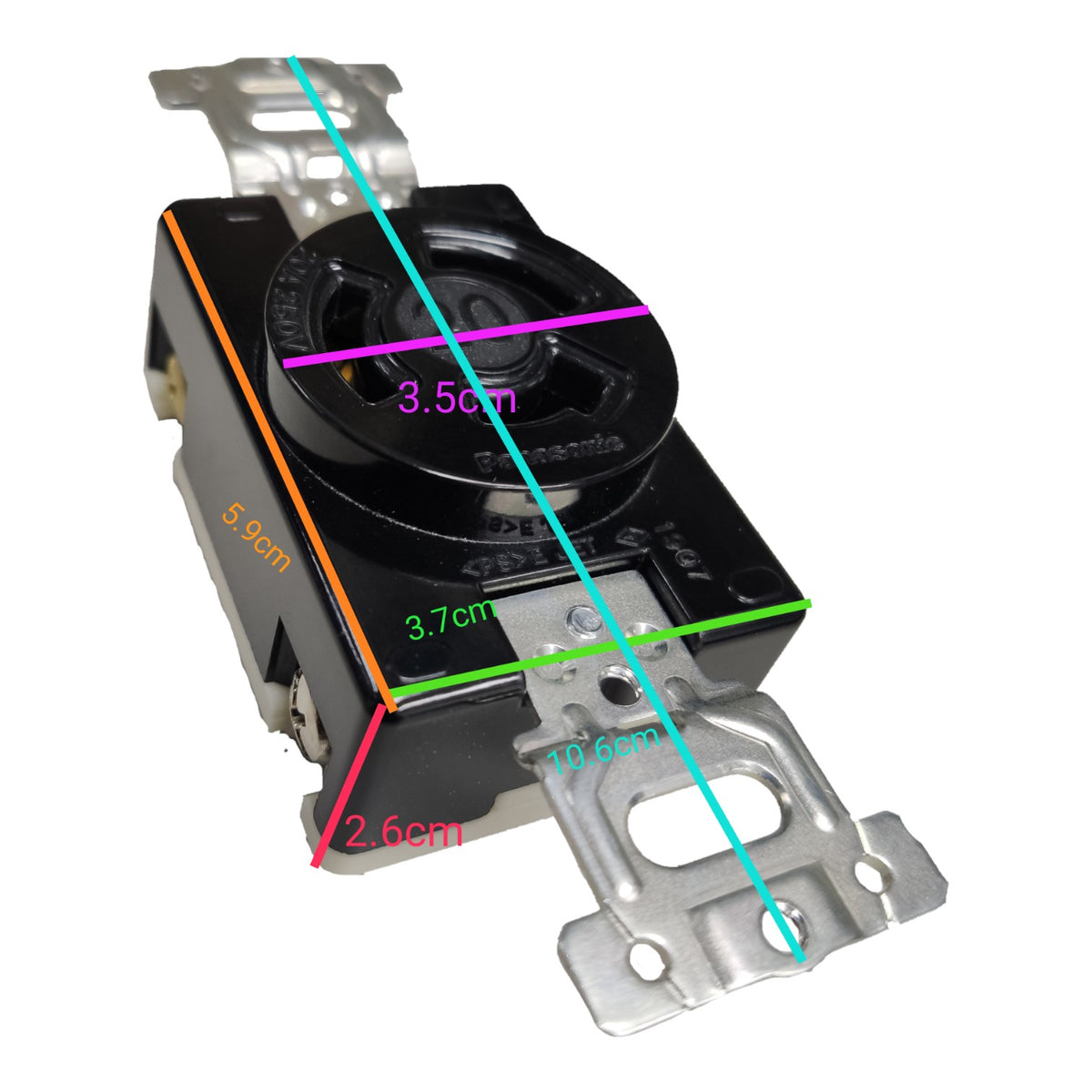 A black rotary switch with metal mounting tabs, overlaid with colored dimension lines and measurements including 5.9cm, 3.