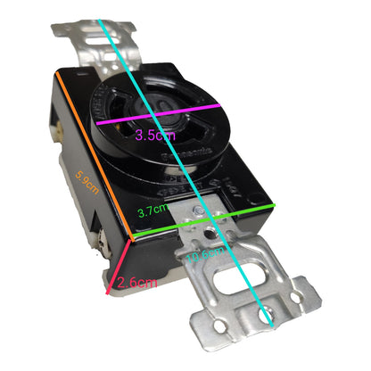 A black rotary switch with metal mounting tabs, overlaid with colored dimension lines and measurements including 5.9cm, 3.